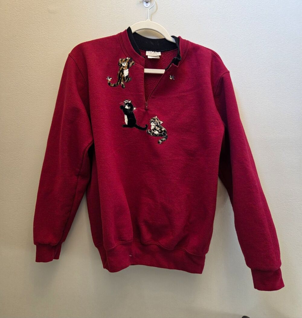 Vtg 90s Morning Sun Burgundy 1/4 Zip Fleece Sweater Embroidered Tortishell Cats